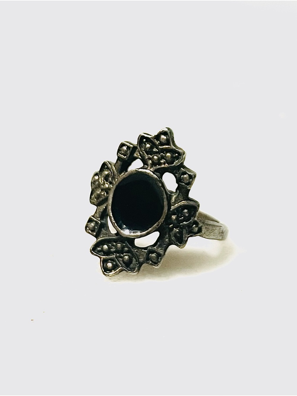 Dark Silver Floral Ring with Black Centre Stone